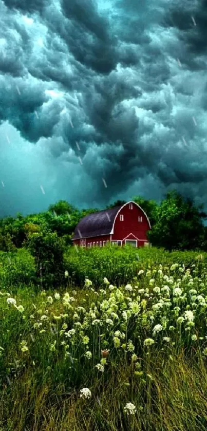 Red barn under dramatic stormy blue sky.