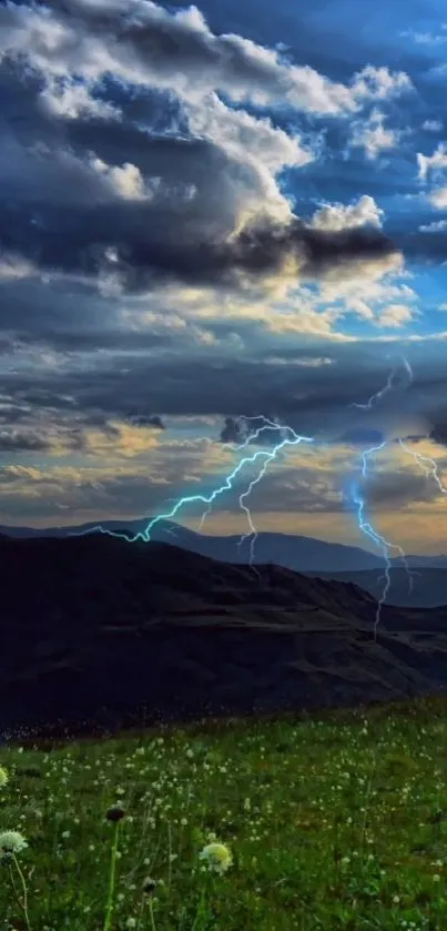 Dramatic stormy sky with lightning over mountains.