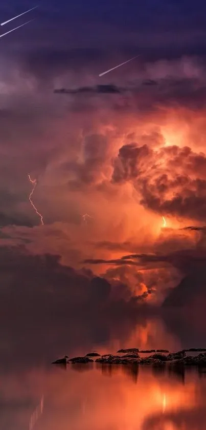 Dramatic stormy sunset with vivid reflections over a calm lake.