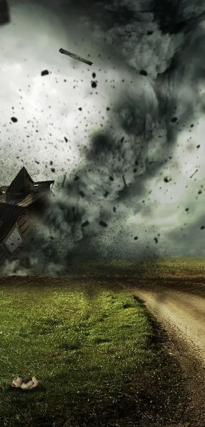 Intense tornado sweeping through a rural area with dark storm clouds.