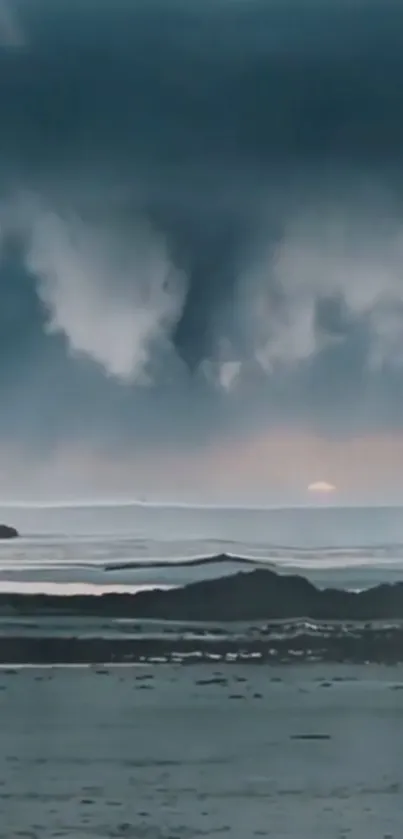 Dramatic stormy clouds over coastal twilight scene.