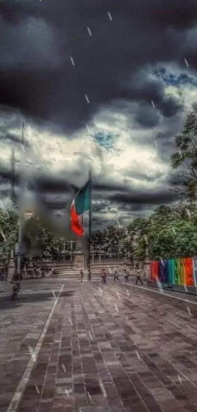 Stormy urban street with flags and dark sky in mobile wallpaper.