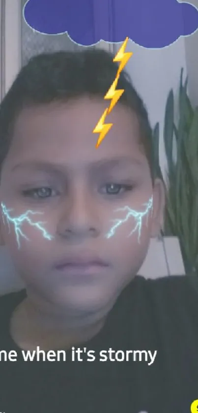 Young person with stormy lightning face filter.