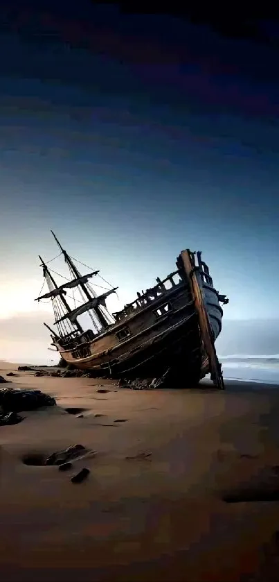 Shipwrecked vessel on beach at sunset.