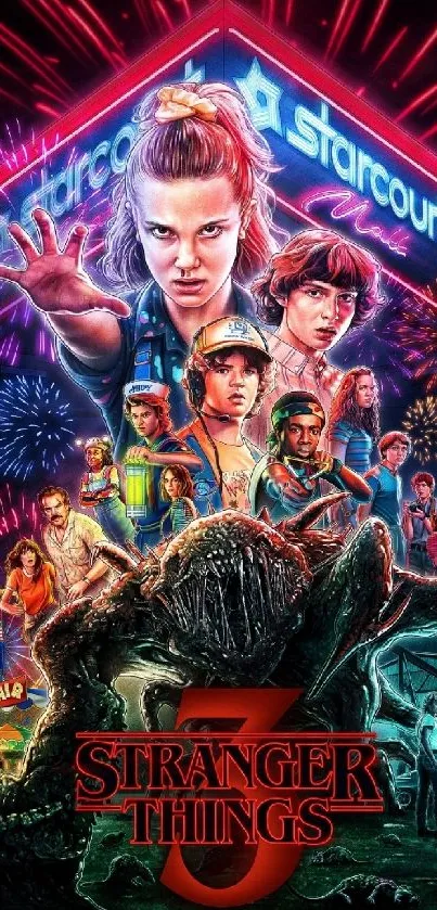 Stranger Things Season 3 vibrant wallpaper with characters and fireworks.