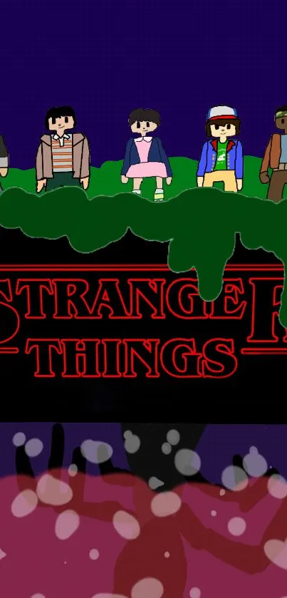 Retro-style fan art wallpaper with characters on purple background.