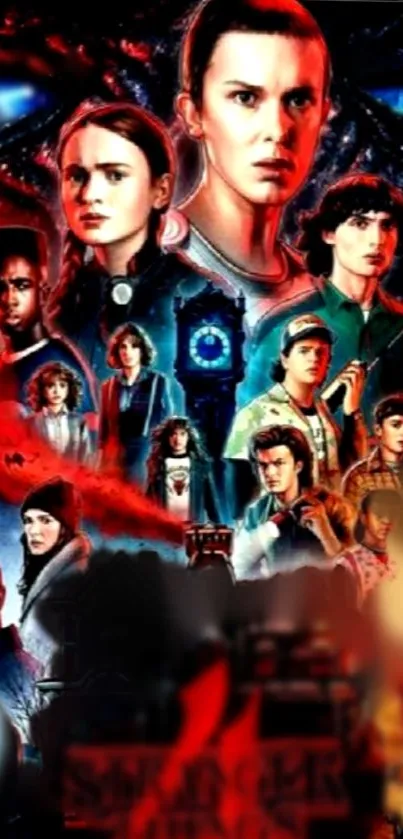 Vibrant Stranger Things characters in a dynamic collage wallpaper.