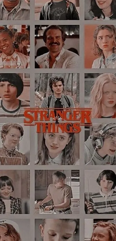 A Stranger Things wallpaper featuring a character collage in retro tones.