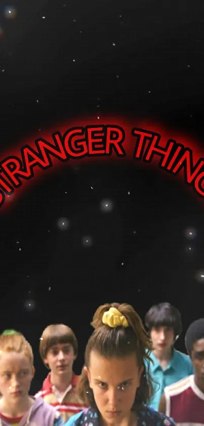 Stranger Things characters on black background wallpaper.