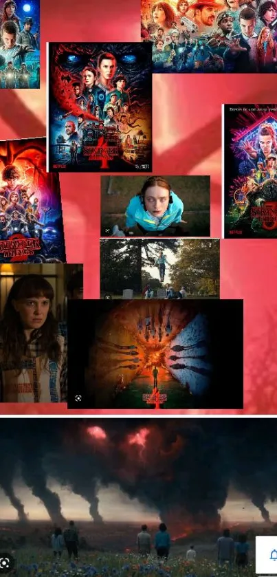 Stranger Things collage with characters and vibrant red hues.