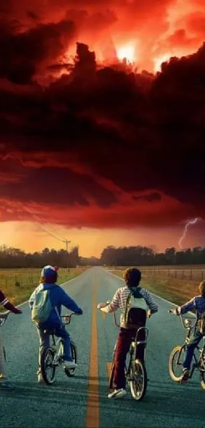 Stranger Things scene with kids biking toward a fiery sky.