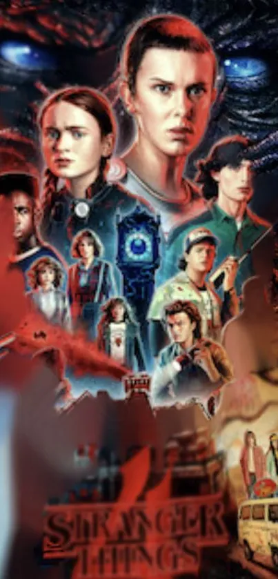 Stranger Things wallpaper with vibrant characters and a supernatural theme.