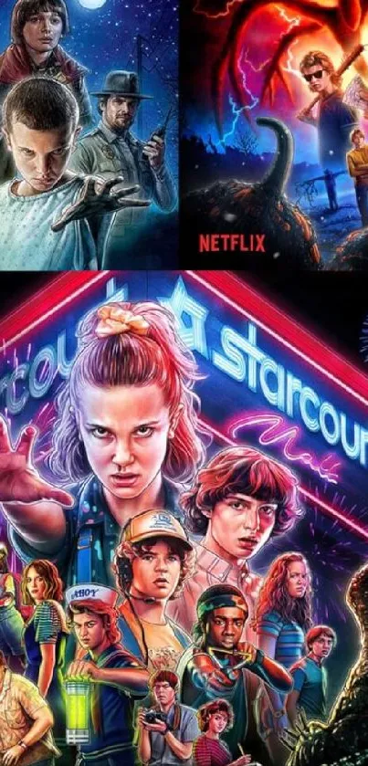 Stranger Things neon art with characters and bright colors.