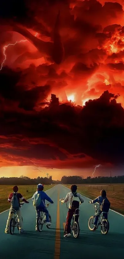 Stranger Things wallpaper with kids under a stormy, red sky.