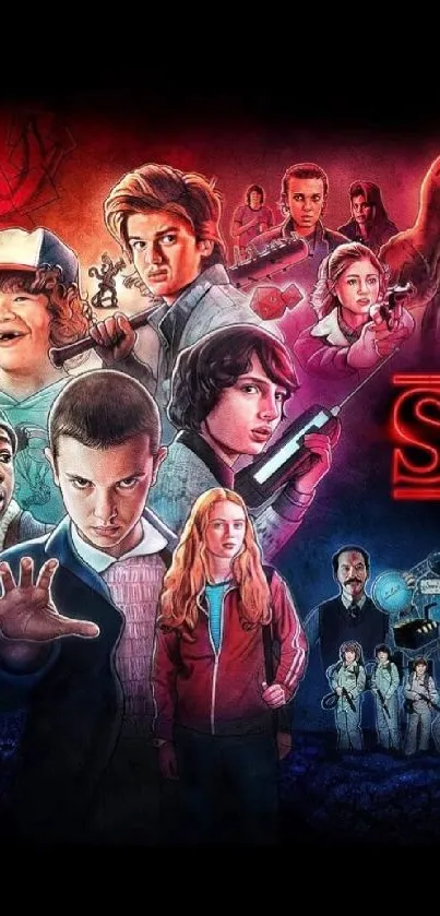 Stranger Things vibrant mobile wallpaper with characters and eerie background.