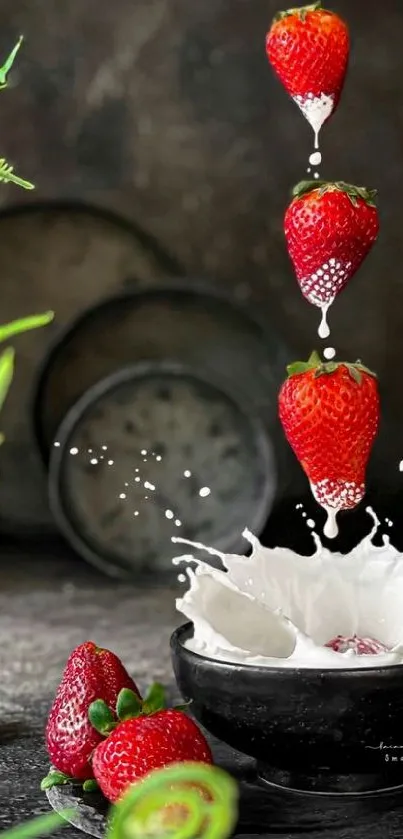 Three strawberries dropping into a cream bowl, creating a splash.