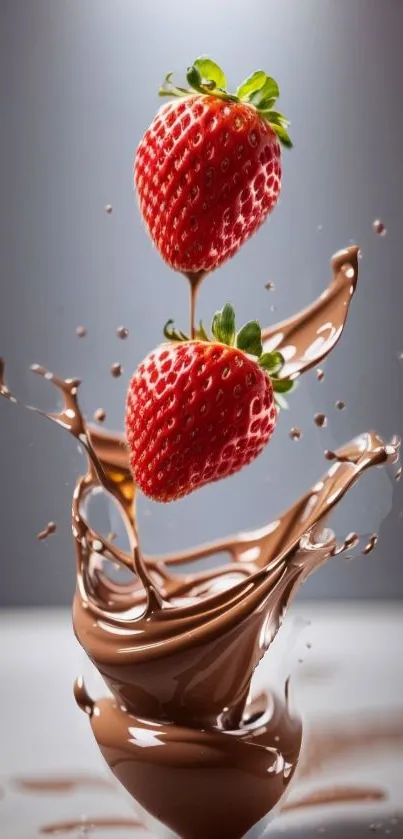 Two strawberries splash in chocolate, creating a delightful dessert scene.