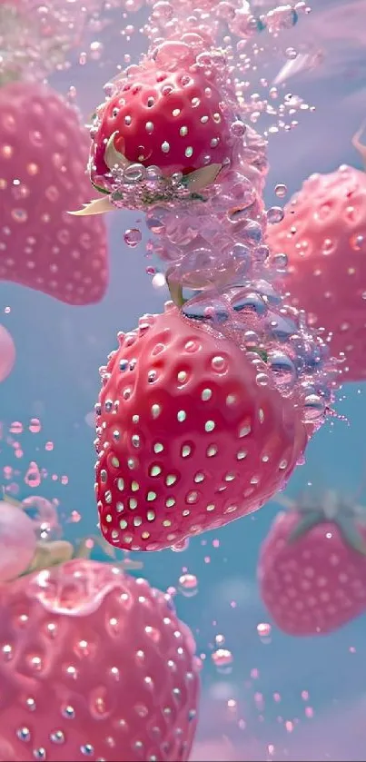 Floating strawberries with pink bubbles in vibrant pink water.