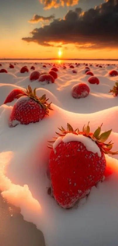 Strawberries resting in snow beneath a glowing sunset sky.