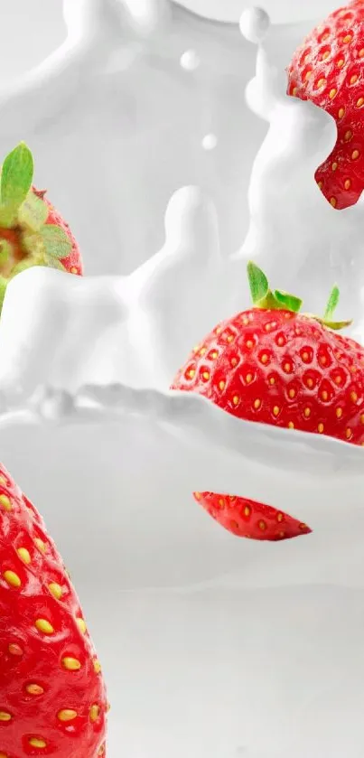 Strawberries splashing in milk with vibrant colors.