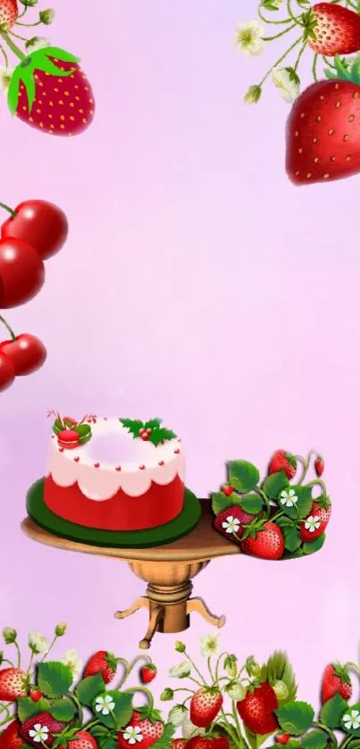 Mobile wallpaper with cake, strawberries, and cherries on a pink background.