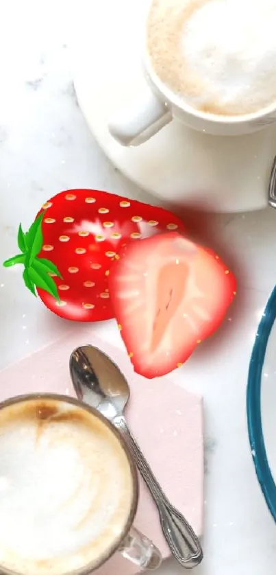 Pancakes and strawberries with coffee on plates.