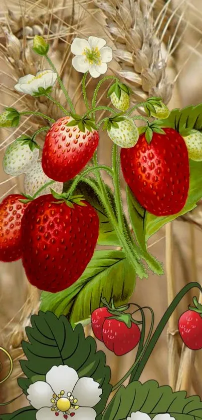 Vibrant strawberries with wheat background illustration wallpaper.