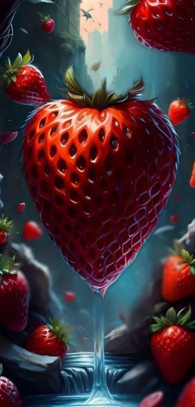 Artistic wallpaper featuring vibrant strawberries in a lush natural setting.