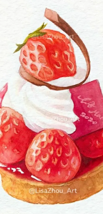 Watercolor strawberry dessert art on cake.