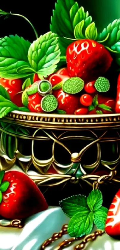 Artistic wallpaper of a colorful strawberry basket with green leaves.