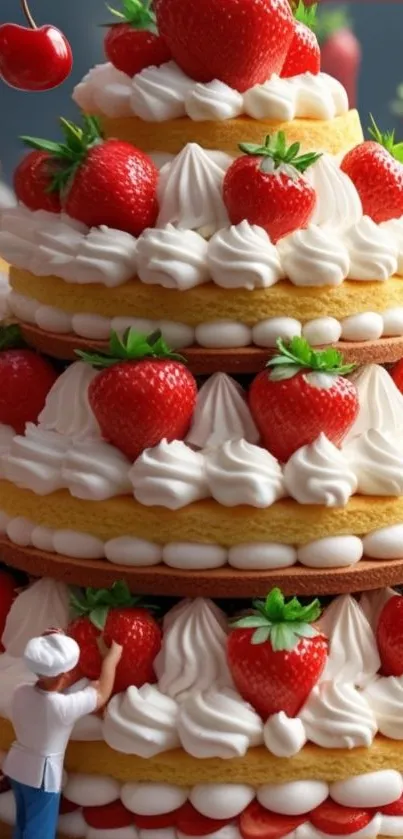 A vibrant cake decorated with strawberries and cream, adorned by a miniature chef.