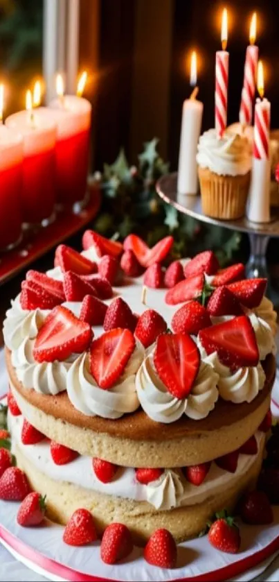 Strawberry cake with candles and cream on display.