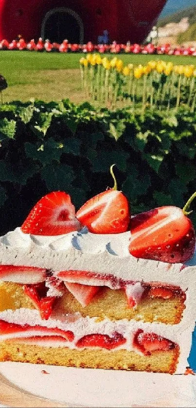 Vibrant strawberry cake with scenic outdoor backdrop.