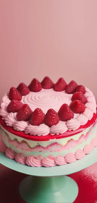 Pink strawberry cake with frosting on a stand.