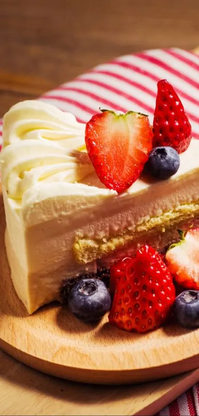 Close-up of a strawberry-topped cake slice on a wooden board.