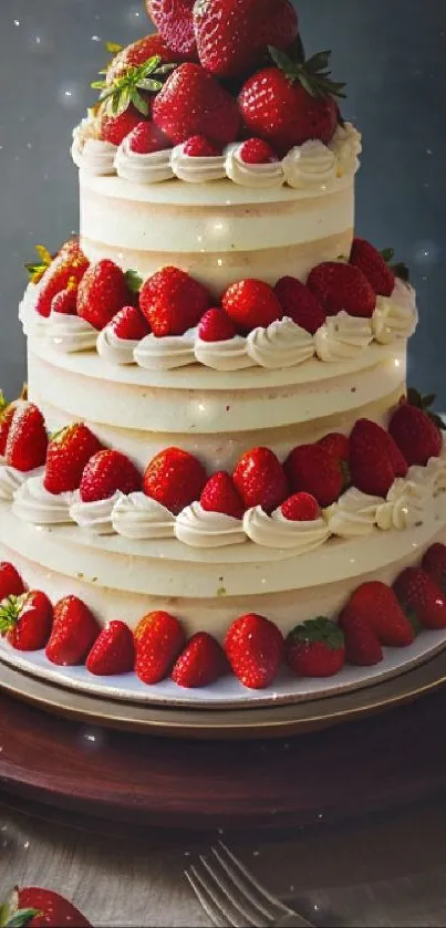 Three-tier strawberry cake with creamy frosting and berries on a wooden plate.