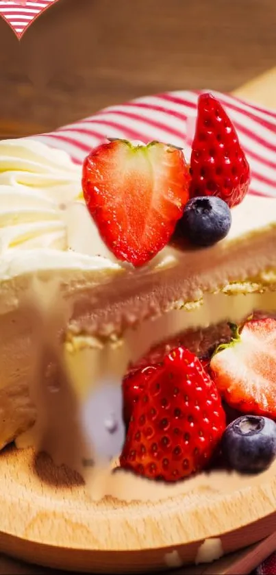Mobile wallpaper of a strawberry cake with fresh berries on top.