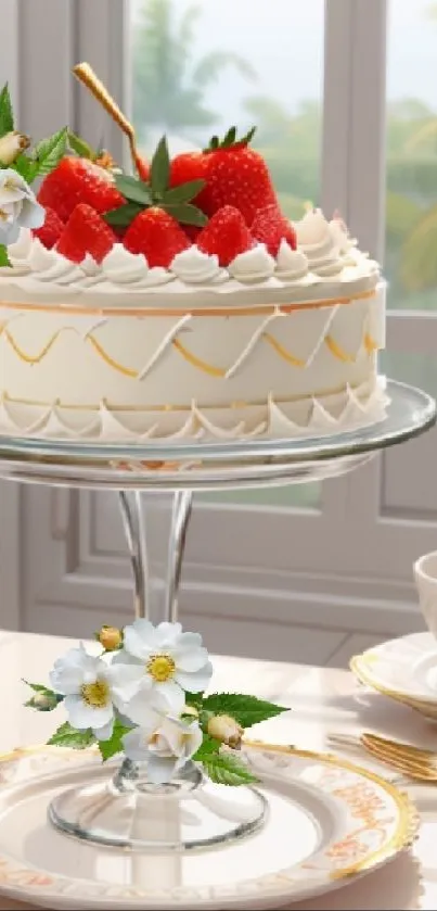 Strawberry cake on glass stand with flowers.