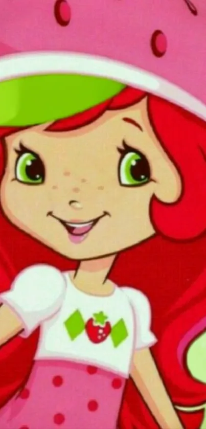 Cartoon character with a pink hat and red hair, smiling.