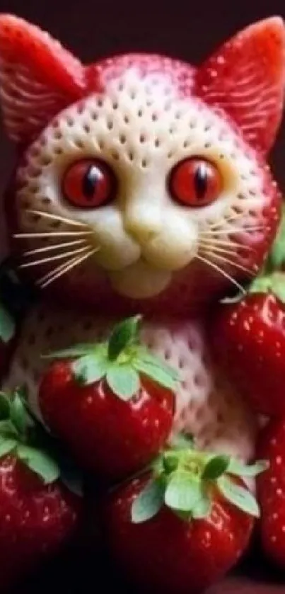 Strawberry cat art with vibrant red fruit.