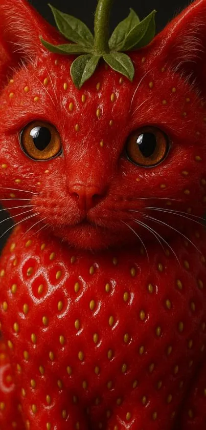 Whimsical red strawberry cat on mobile wallpaper.