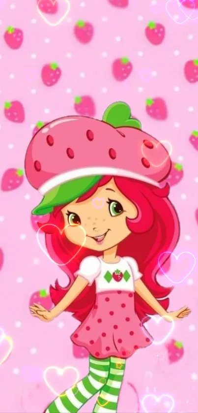 Mobile wallpaper featuring a cute strawberry cartoon character on a pink background.