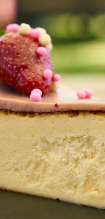 A delicious slice of cheesecake topped with a fresh strawberry and pink decorations.