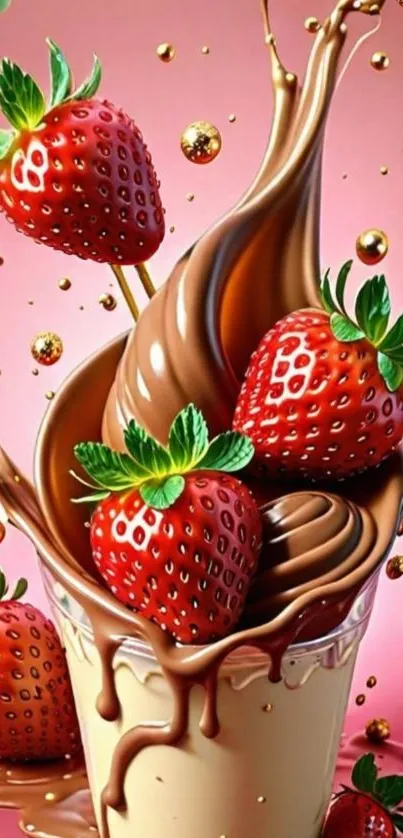 Luscious chocolate swirl with strawberries on pink background.