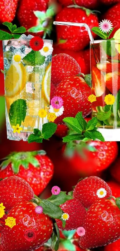 Vibrant wallpaper with strawberry and citrus cocktails, fruits, and flowers.