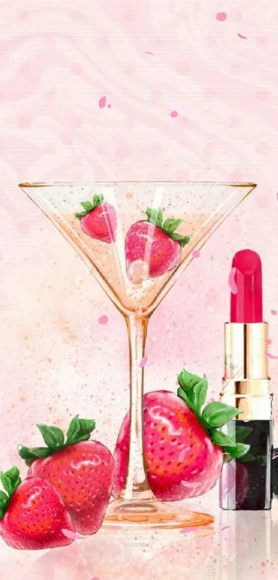 Chic strawberry cocktail and lipstick design wallpaper.