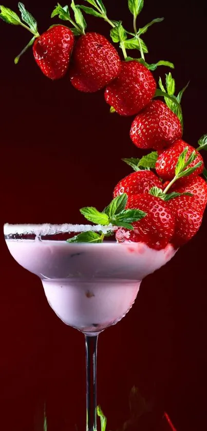 Strawberry cocktail with red berries, vibrant wallpaper art.