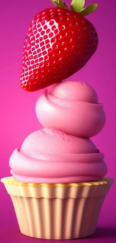 Vibrant strawberry cupcake on pink background wallpaper.