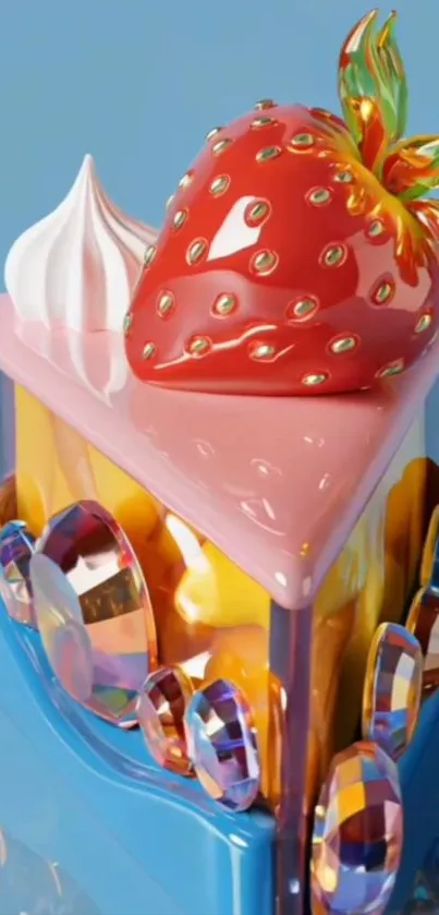 3D strawberry cake art with colorful gems