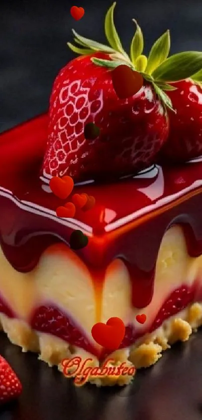 A luscious strawberry cheesecake with vibrant red berries and creamy layers.